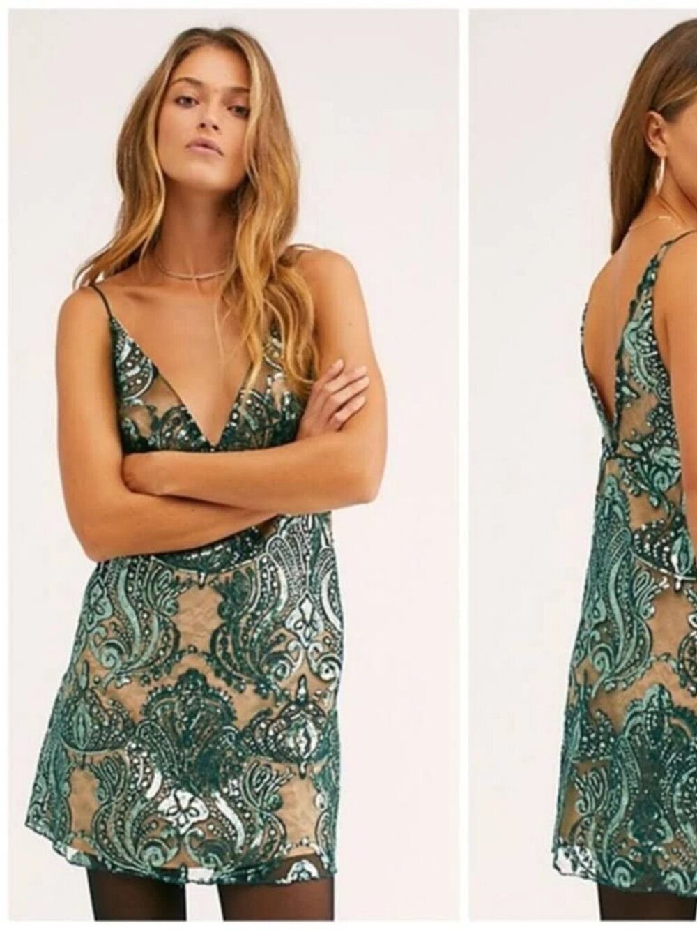 Free People Night Shimmer Dress Mini V Neck Spaghetti Strap Sleeveless Green 6